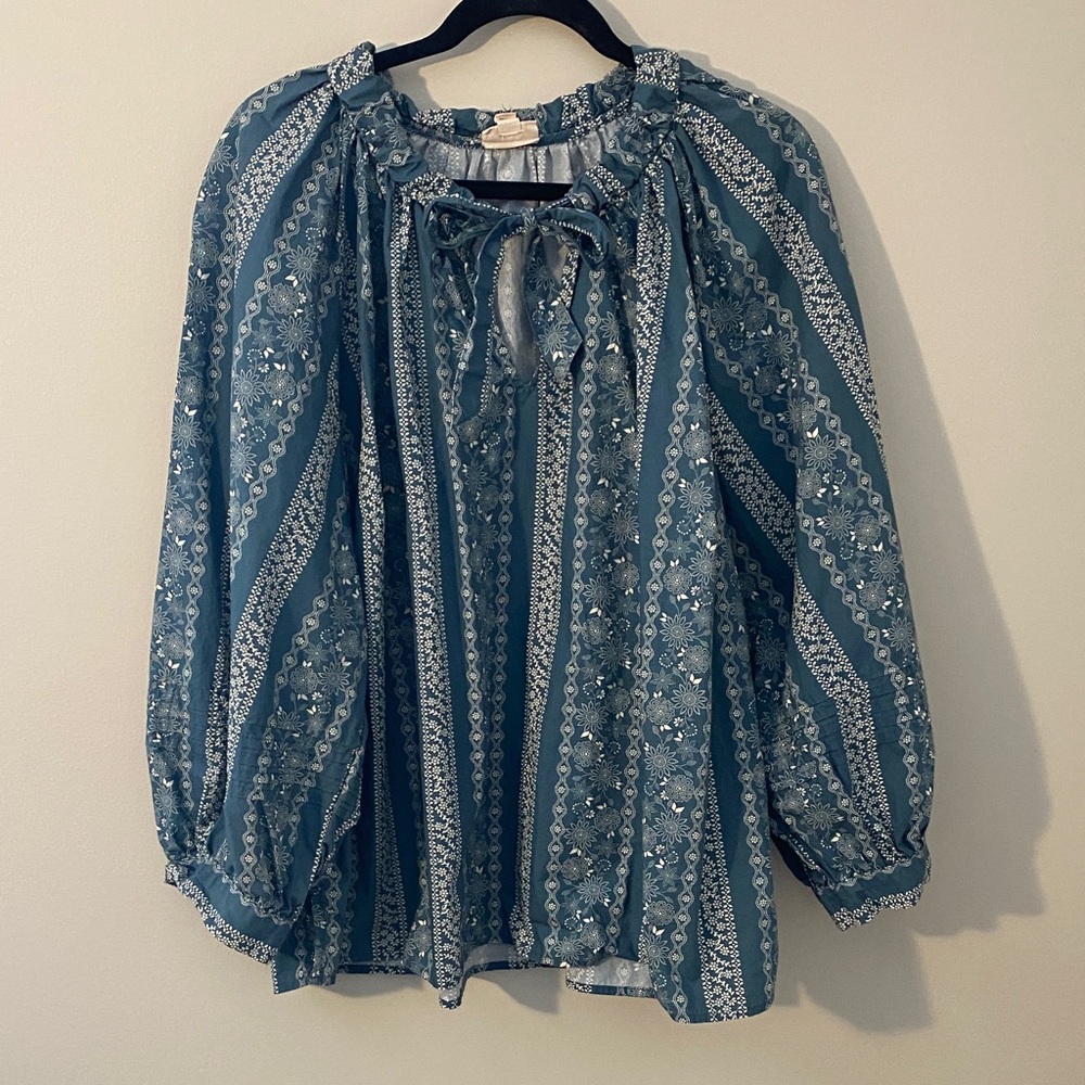 a.n.a 100% Cotton Blue Patterned Peasant Blouse with Tie Neck